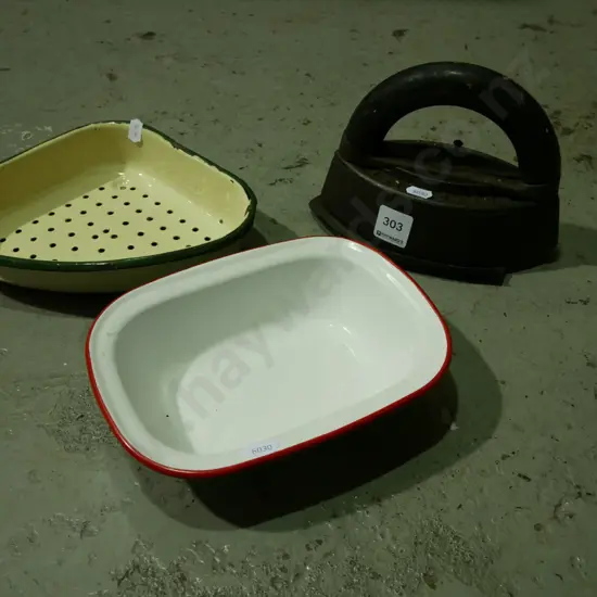 sad iron, enamel bowl, strainer