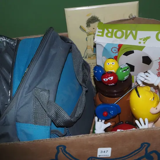 box; chilly bag, M&M dispensers, giant inflatable football