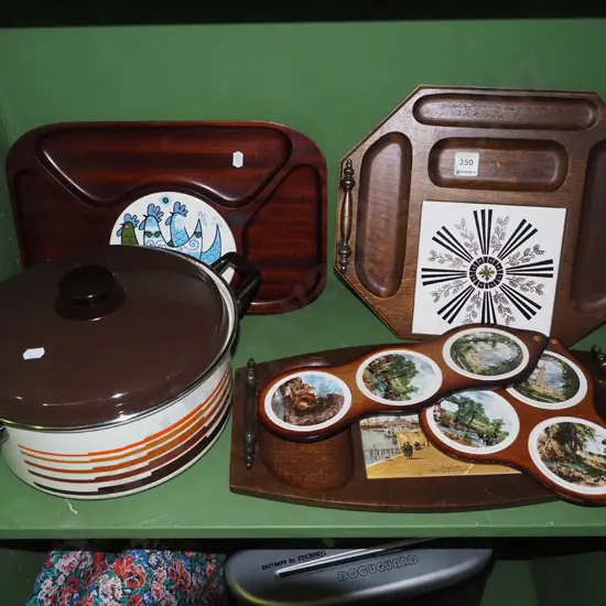 various wood and ceramic serving trays, retro cast iron casserole