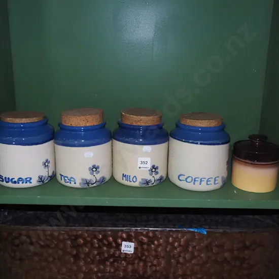 small lidded teal canister, 3x other pottery canisters