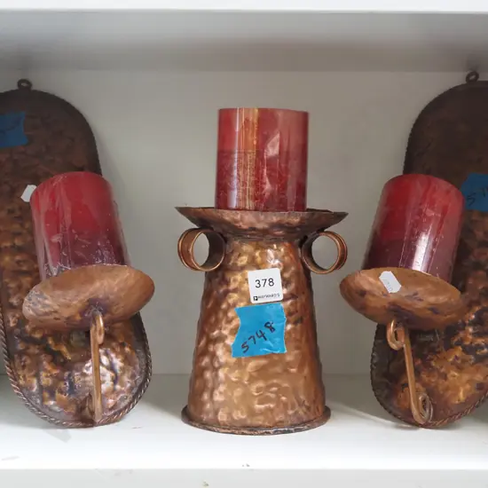 copper candlestick, 2x copper wall mounted sconces