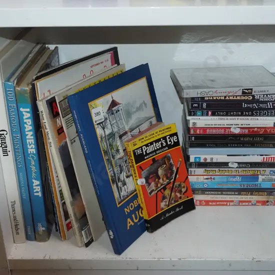 box; bay of various books, DVDs