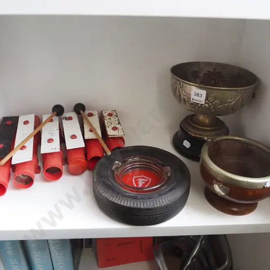 ashtray, oak bowl, plated ware bowl on stand, xylophone