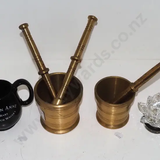 brass mortar and pestle, small water jug, cut crystal rose