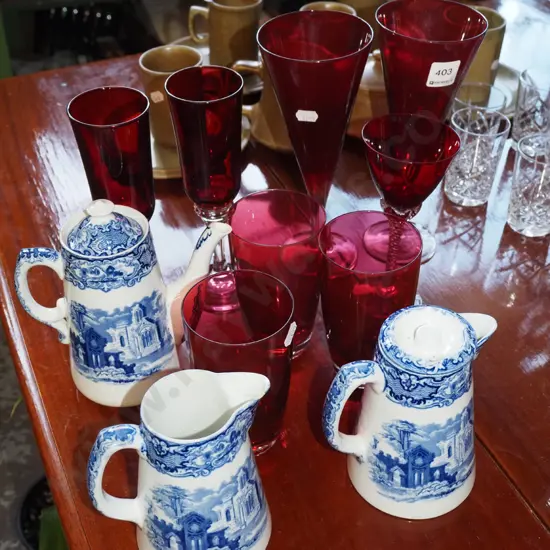 ruby glass wine glasses, tumblers, 3x blue and white jugs - 1 missing lid