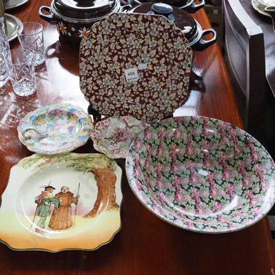 all over floral bowls, plates, Friar Tuck Robin Hood plate