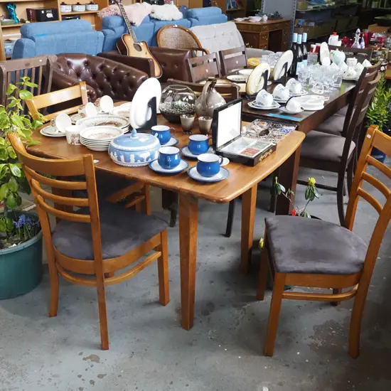 Indonesian rubberwood flip top dining table with 3 ladder back chairs H-760 W-1170 D-900