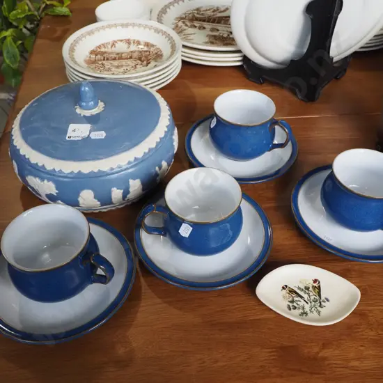 Denby cups, saucers, Jasperware style lidded bowl, small bird themed pin dish