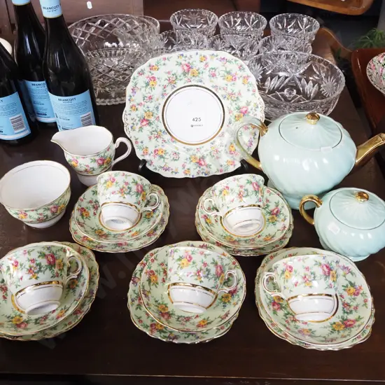 Colclough floral trios, creamer, sugar, Sadler teapot and lidded sugar