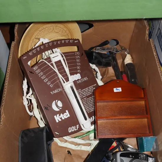 box; magnifying glasses, 35mm camera, golf trainer etc