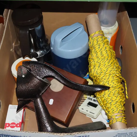 box; orange squeezer, coil of rope, thermoses etc