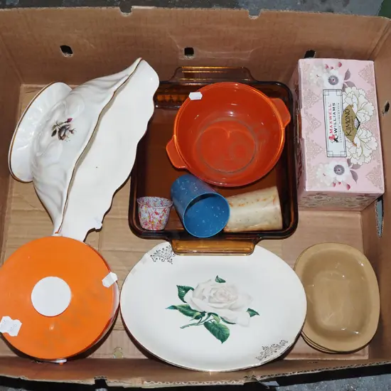 box; ice bucket, floral vases, pyrex tray etc