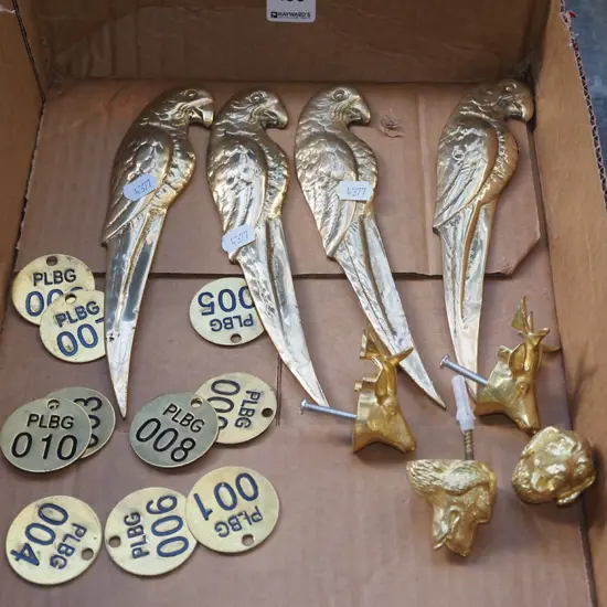 solid brass parrot themed letter openers, cupboard handles, pressed brass tokens