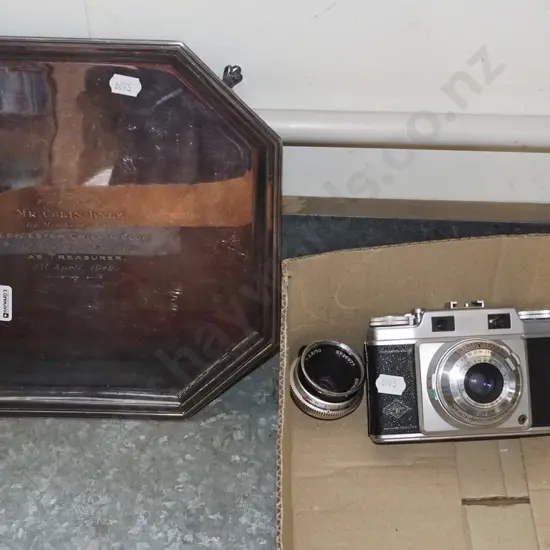 plated presentation tray, 35mm Agfa camera, solid brass handles