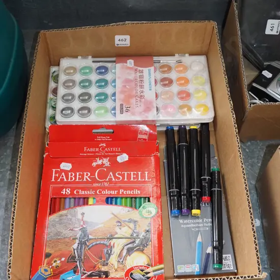 box; artists supplies, pencils, watercolours etc