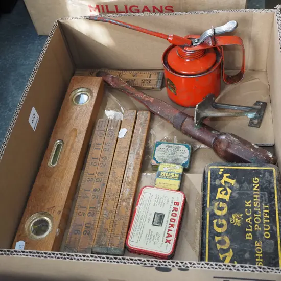 box; builder's rules, oiler, screwdriver etc