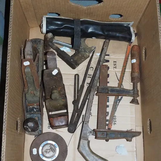 box; vintage hand planes, open end ring spanners etc