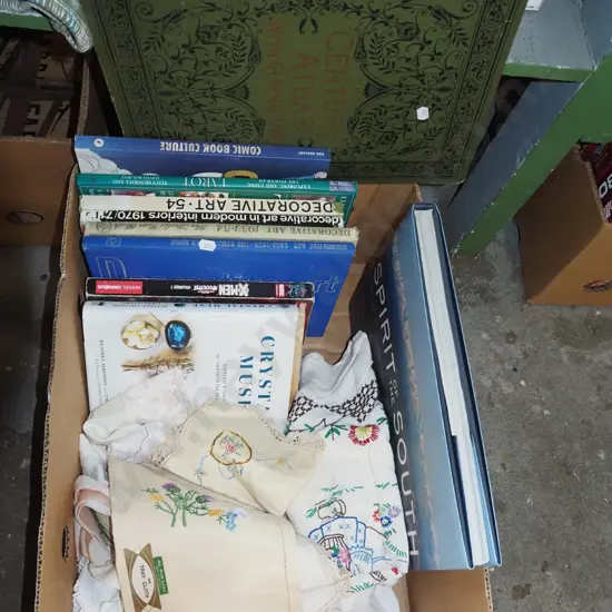 box of books, hand worked linen