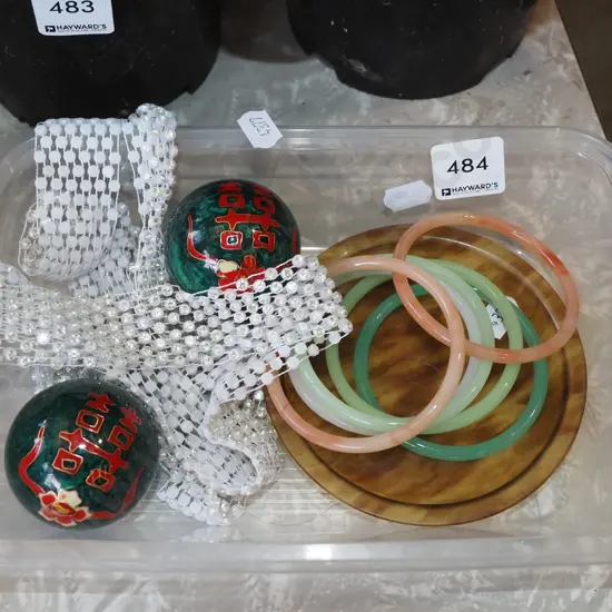 tray; meditation balls,  bangles, beaded belt etc