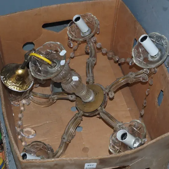 brass and glass pendant light fitting with lustres and single bulb wall mounted light