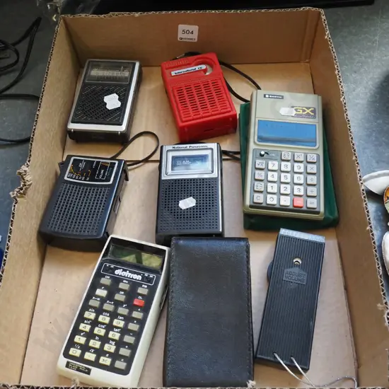 box; hand held transistor radios, early calculators - all As Is No Returns