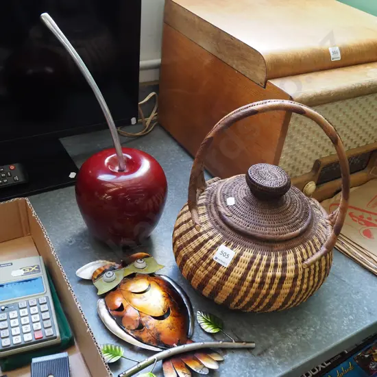 metal owl art work, alloy cherry, cane lidded basket