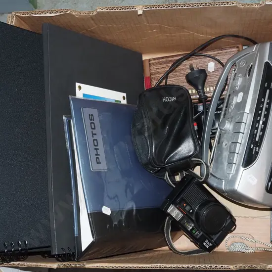 box; radio cassette player, 35mm cameras etc