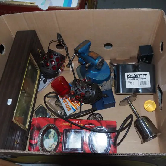 box; hobby vice, batteries, hole punch, mantle clock etc