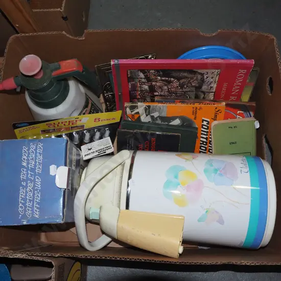 box; push top thermos, garden sprayer, various books etc