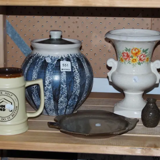 Temuka fish plate, vases, beer stein, lidded Hanmer Pottery canister