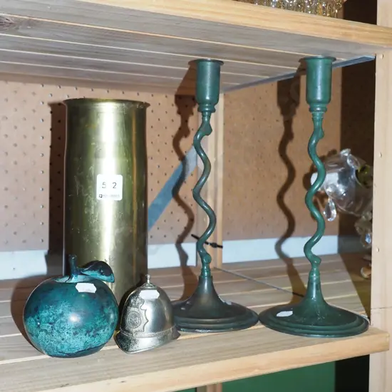 candlesticks, bells, shell canister