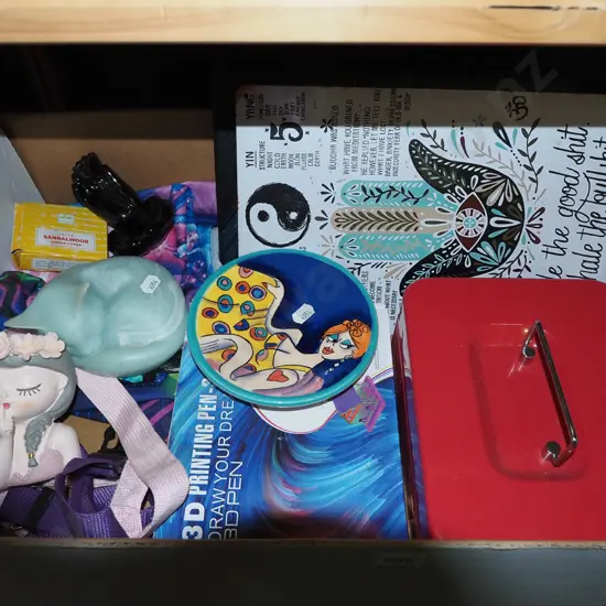 box; cash box, plates, stone cat etc