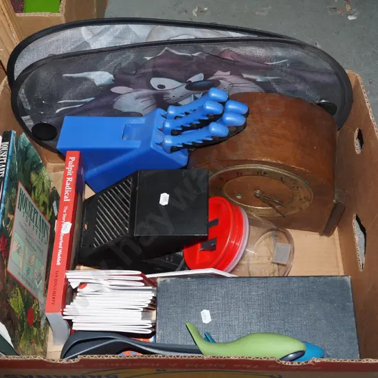 box; notebooks, mantle clock etc