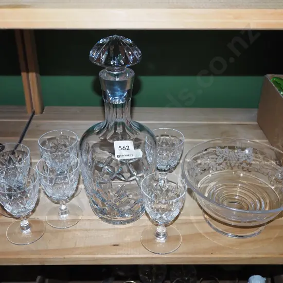 decanter, glasses, etched bowl