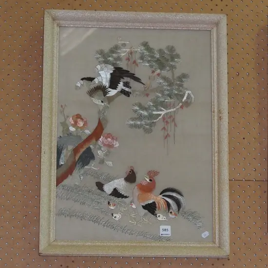 framed Asian needlework on silk - birds and tree