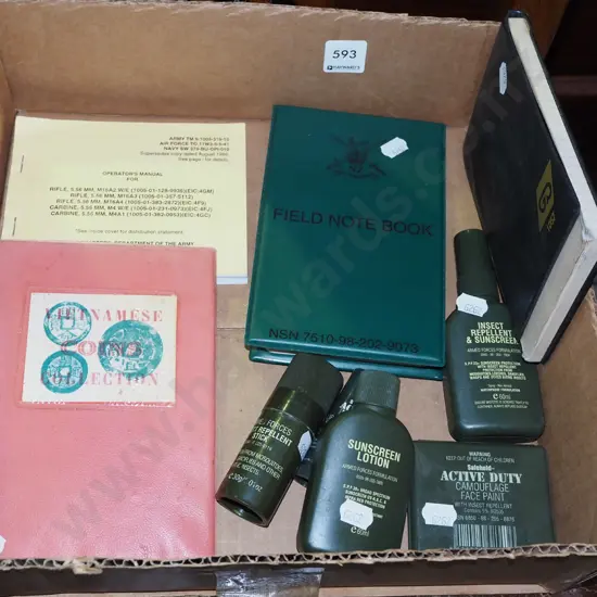 box; military sunscreen, notebooks, operations manuals, Vietnamese coin collection