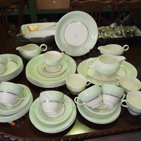 large assortment Johnson Bros cream, green and gold dinner items