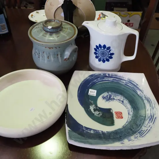 float bowl, studio pottery casserole, coffee pot, square slab dish