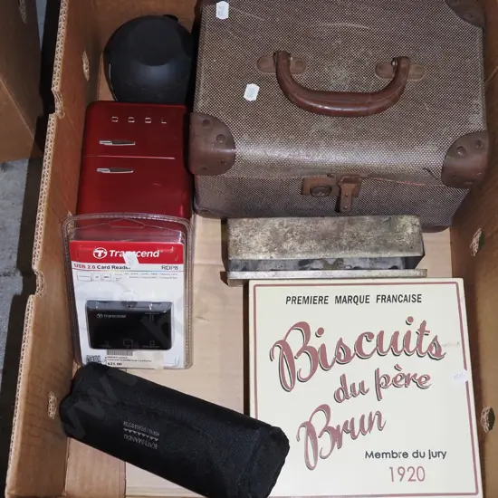 box; speakers, biscuit box, tins etc