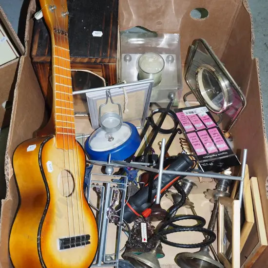 box; ukelele, photo frames, torch etc