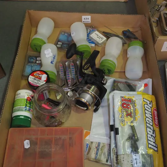 tray; fishing reels, fishing hooks, soft baits, swivels etc