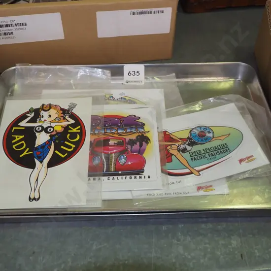tray of various of Hot Rod stickers