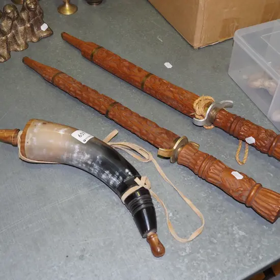 shell horn bottle, 2 wooden sheathed swords