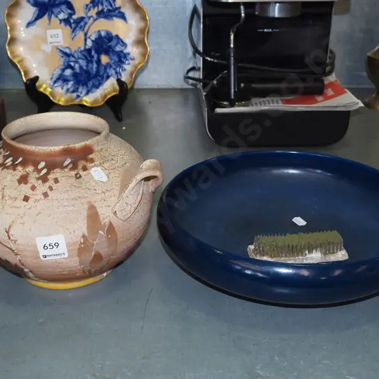 bisque glazed deco double handled vase, blue ceramic float bowl with flower frog glued on