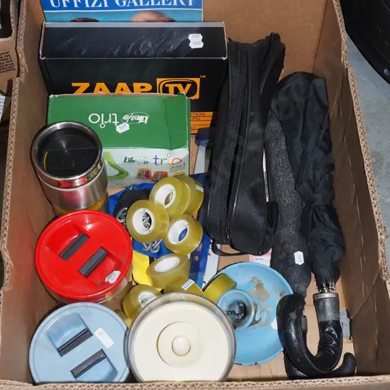 box; umbrellas, sellotape, canisters, media player etc