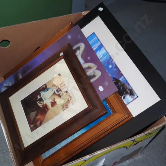 box; various framed prints