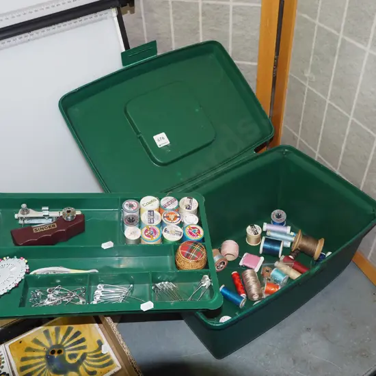 sewing box and contents; threads etc