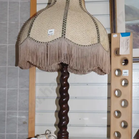 wooden barley twist table lamp with shade - missing figurine H-660