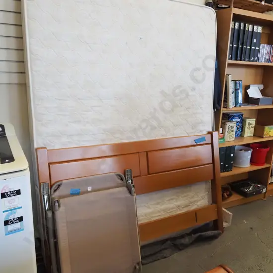 queen slat bed base, mattress and headboard