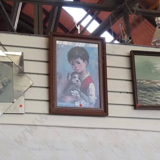 framed mirror print - swans, framed oil - coastal scene, framed print - boy and dog - red dots